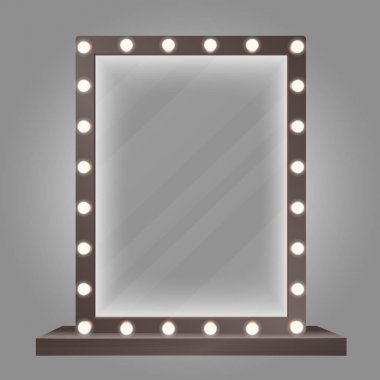 Ampul ışıkları ile çerçeve içinde ayna. Makyaj aynası vektör çizim.