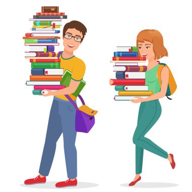 Büyük kitap yığını taşıyan adam ve kız öğrencilere bilgi eğitim illüstrasyon vektör. Kitap taşıyan kadın ve erkek öğrenci.