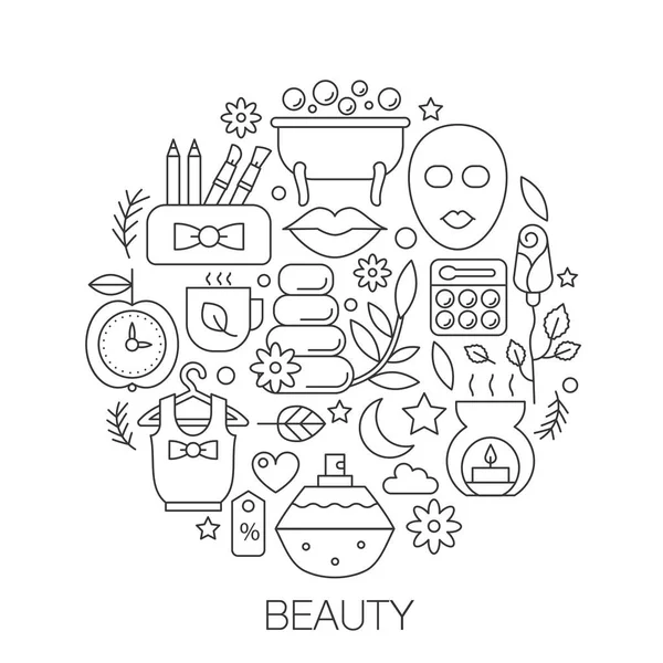 Beauty cosmetics in circle - concept line illustration for cover, emblem, badge. Hairdressing salon, spa, cosmetology thin line stroke icons set. — Stock Vector