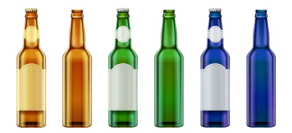 Vektor realistische Rohlinge grün, gelb und blau Glas Bierflaschen Design-Set. — Stockvektor
