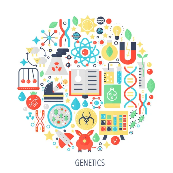 Biokémiai genetika technológia lapos infographics ikonok a kör - szín fogalma szemlélteti a varrás a fedelet, a jelkép, a sablon. — Stock Vector