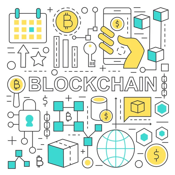 Blockchain metin ve küresel ağ ekonomi kavramı blockchain simgeler öğeleri ile.
