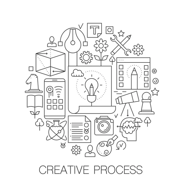 Proceso creativo en círculo - ilustración de línea de concepto para portada, emblema, insignia. Conjunto de iconos de trazo de línea delgada de creatividad . — Vector de stock