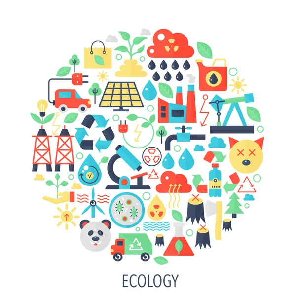 Ecologia, energia verde ícones infográficos planos em círculo - ilustração conceito de cor Ecologia para capa, emblema, modelo . — Vetor de Stock