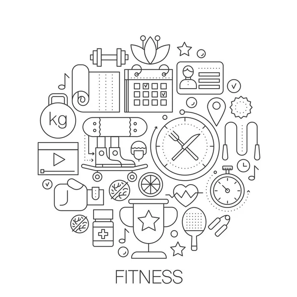 Spor fitness gıda daire - kavram hat illüstrasyon kapak, amblem, rozeti için. Fitness ince çizgi kontur Icons set. — Stok Vektör