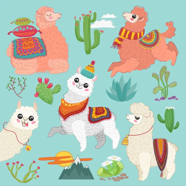 Conjunto de vector lindo vector alpaca lama y elementos cactus del desierto . — Archivo Imágenes Vectoriales