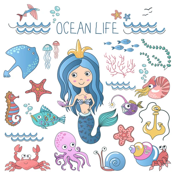海洋生物插图集。小可爱卡通美人鱼公主警笛与海洋鱼类和其他动物. — 图库矢量图片