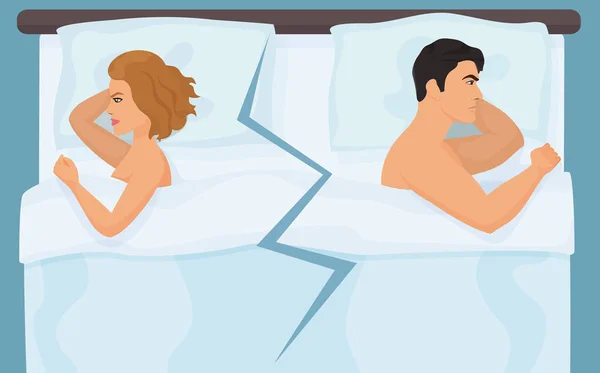 Unhappy angry couple having quarrel conflict in bed. Young people relationship or sexual difficulties. — Stock Vector