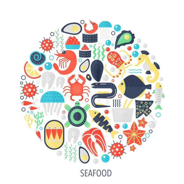 Seafood food flat infographics icons in circle - color concept illustration for seafood cover, emblem, template. — Stock Vector