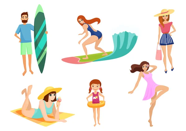 Young people and on vacation beach set. Summer holidays set. beach, relax, enjoy and sport activities near ocean or sea. — Stock Vector