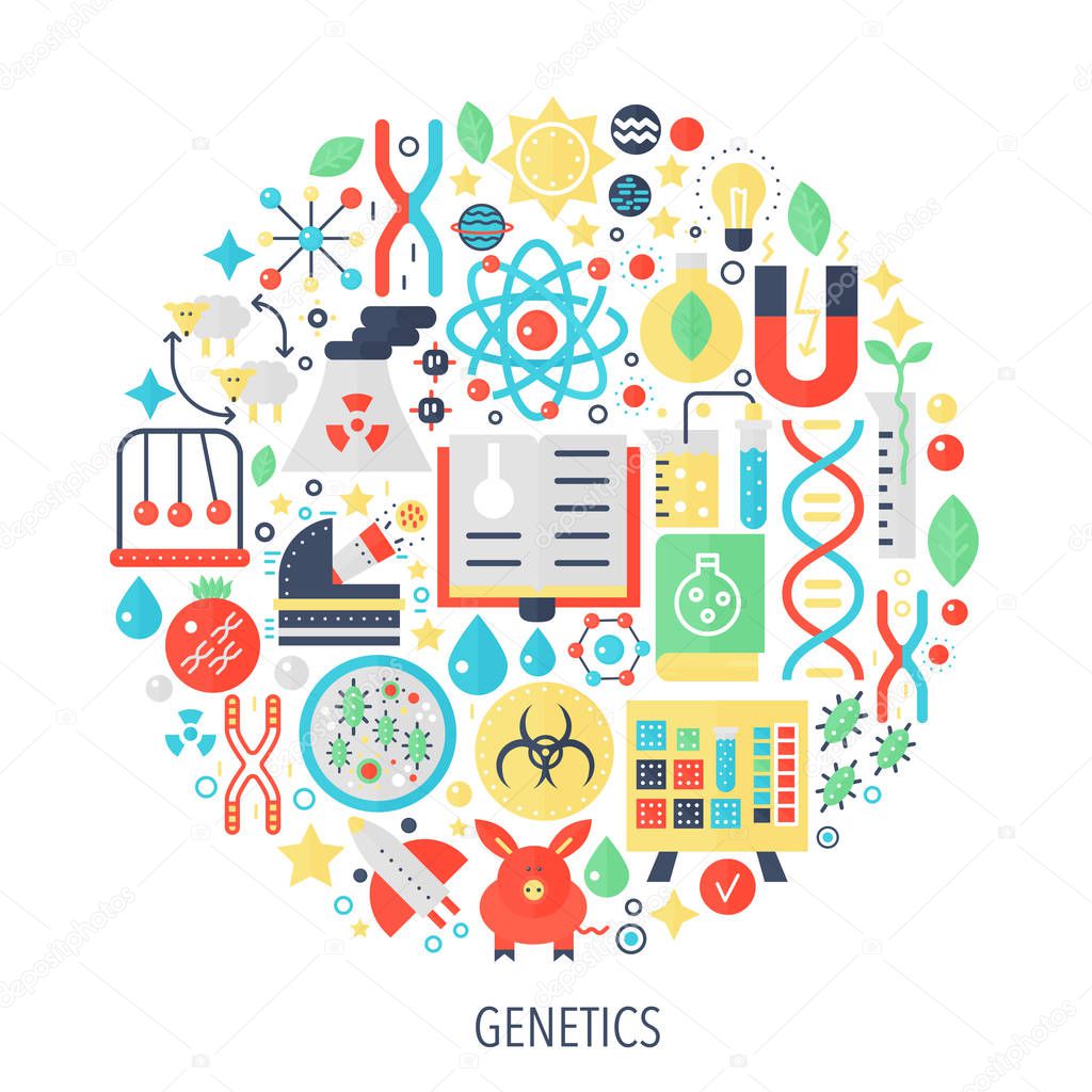 Biochemistry genetics technology flat infographics icons in circle - color concept illustration for sewing cover, emblem, template.