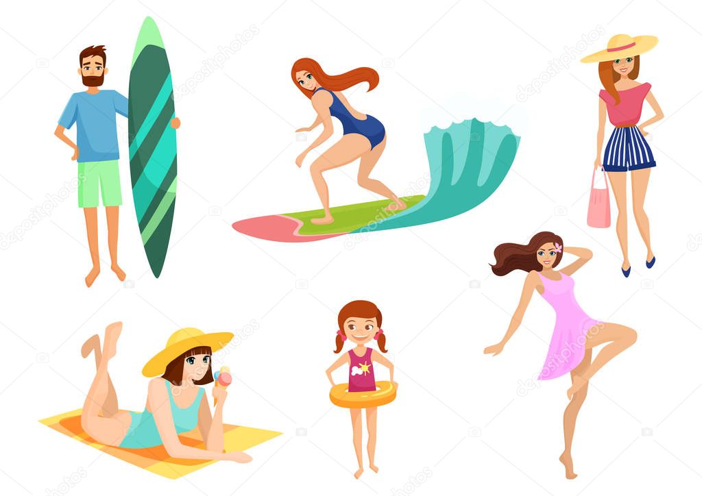 Young people and on vacation beach set. Summer holidays set. beach, relax, enjoy and sport activities near ocean or sea.