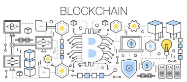 Bitcoin, cryptocurrency ve blockchain teknolojisi. Bitcoin işareti küresel bir ağa bağlı. Düz çizgi vektör çizim.