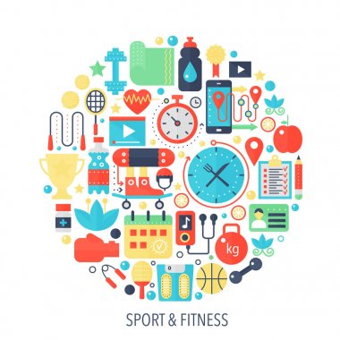 Fitness Spor düz infographics simgeler daire - renk kavramı illüstrasyon spor kapak, amblem, şablon için.