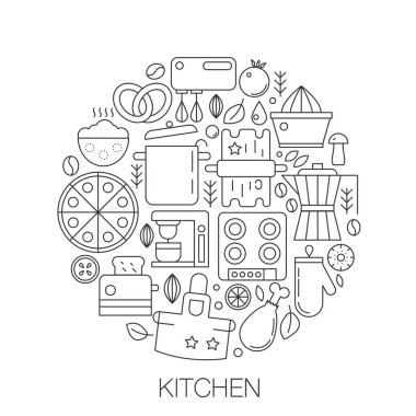 Mutfak daire - kavram hat illüstrasyon kapak, amblem, rozeti için. Mutfak ince çizgi kontur Icons set.