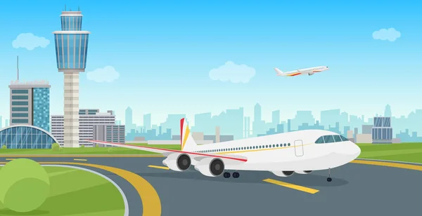 Airport Terminal building with aircraft airplane taking off. Vector airport landscape. — Stock Vector