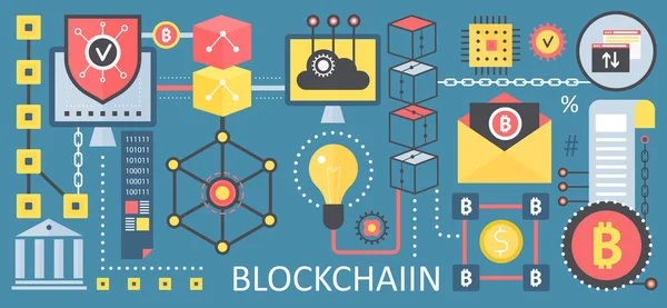 Bitcoin criptomoneda y blockchain iconos de concepto de tecnología de red. Vector blockchain plantilla de póster . — Vector de stock