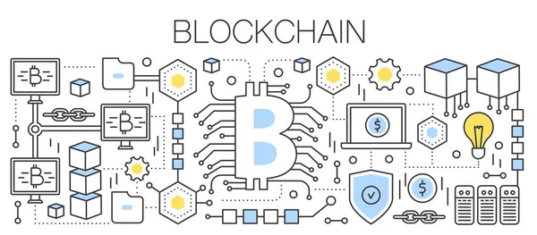 Bitcoin, kryptovaluta och blockchain-teknik. Bitcoin logga ansluten till ett globalt nätverk. Platt linje vektorillustration. — Stock vektor