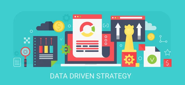 Conceito vetorial moderno plano Data Driven Strategy banner com ícones e texto . —  Vetores de Stock