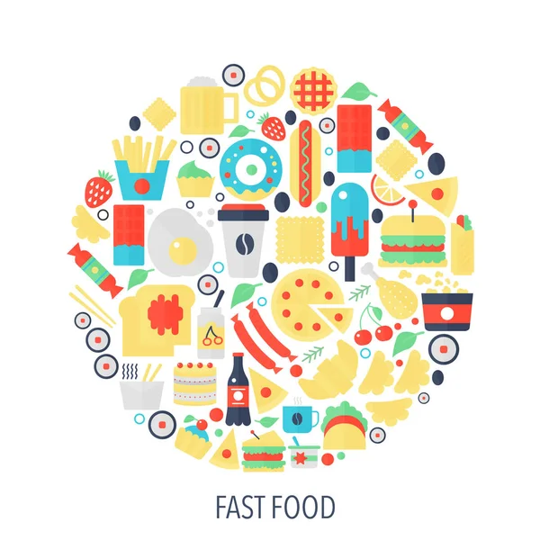 Fast food lapos infographics ikonok a kör - színes fogalom szemléltetése élelmiszer fedezi, jelkép, sablon. — Stock Vector