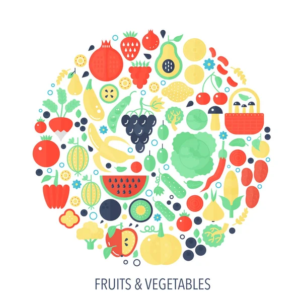 Fruits vegetables flat infographics icons in circle - color concept illustration for vegetable cover, emblem, template. — Stock Vector