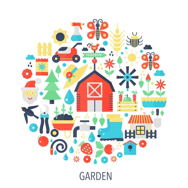 Tuin platte infographics pictogrammen in cirkel - kleur concept illustratie voor tuin cover, embleem, sjabloon. — Stockvector