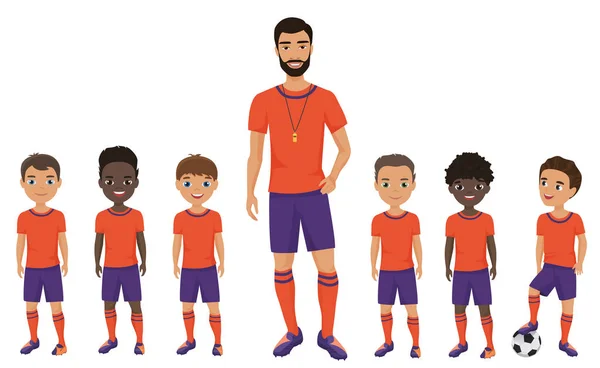 Una piccola squadra di football studentesco con un allenatore. Illustrazione vettoriale . — Vettoriale Stock