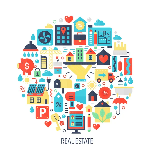 Real estate flat infographics icons in circle - color concept illustration for Real estate cover, emblem, template. — Stock Vector