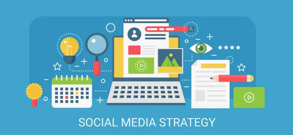 Concepto de vector moderno plano Banner de estrategia de redes sociales con iconos y texto . — Vector de stock