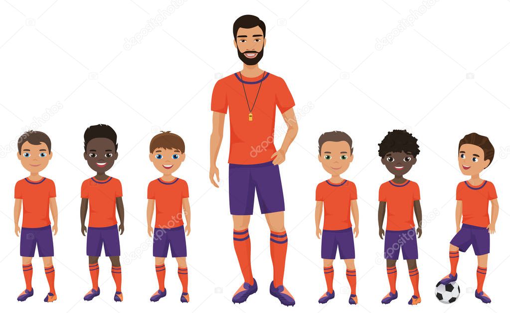 Little school kids football team with a coach. Vector illustration.