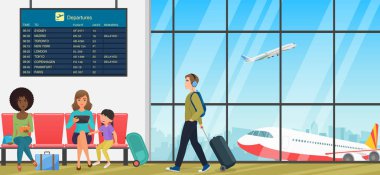 Airport passenger terminal with waiting room with chairs and people travellers. International arrival and departures interior flat vector illustration. clipart