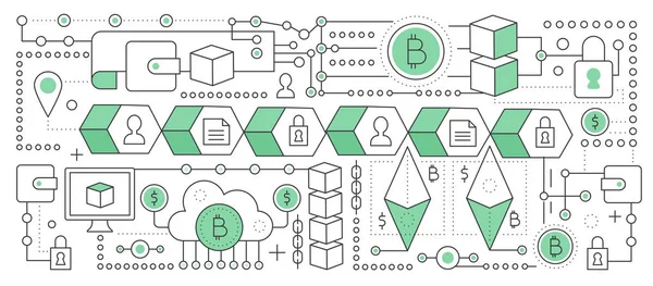 Bitcoin, criptomoneda y tecnología blockchain. Cadena de bloques cadena de transacciones de red global. Ilustración de vector de línea plana . — Archivo Imágenes Vectoriales