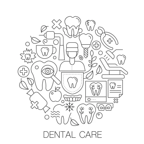 Cuidados dentários em círculo - ilustração de linha de conceito para capa, emblema, crachá. Cuidados dentários linha fina conjunto de ícones de curso . — Vetor de Stock