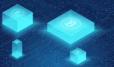 Cryptocurrency ve blockchain kavramı, neural ağ, güç veri merkezi, bulut veri depolama izometrik vektör çizim. Web Tasarım, tanıtım afiş.
