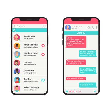 Kastamonuda ve ileti vektör illüstrasyon kavramı. Sosyal ağ messenger modern smartphone izole.
