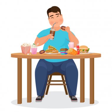 Komik şişman obez adam yeme hamburger lokanta. Vektör çizim.