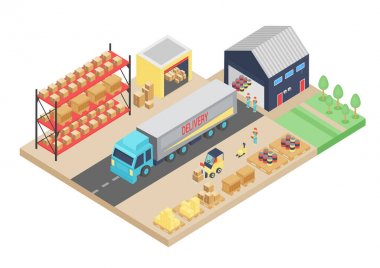 Deponun 3D izometrik işlemi. Kargo depolama vektör çizim. Depo lojistik iç, Bina, ambar tansportation teslimat şirketi.