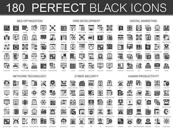 180 seo 优化, 网络开发, 数字营销, 网络技术, 网络安全, 人类生产力经典黑色迷你概念图标和图表符号集. — 图库矢量图片