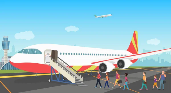 Persone turisti che si imbarcano su un aereo da crociera in aeroporto. Illustrazione vettoriale . — Vettoriale Stock