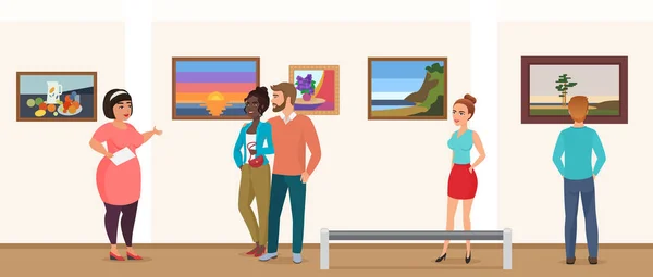 Visiteurs du musée personnes dans la galerie d'exposition d'art musée faire le tour avec guide et regarder des photos illustrations vectorielles . — Image vectorielle