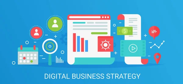 Banner moderno e piatto per strategia di business digitale con icone e testo . — Vettoriale Stock