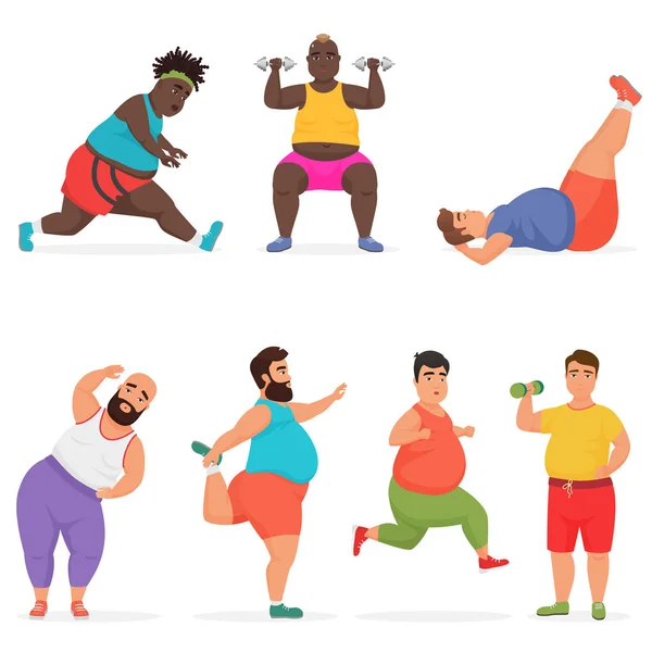 Vector divertido gordito gordito hombre personajes conjunto haciendo ejercicios de entrenamiento de gimnasio. Fitness deportivo . — Vector de stock