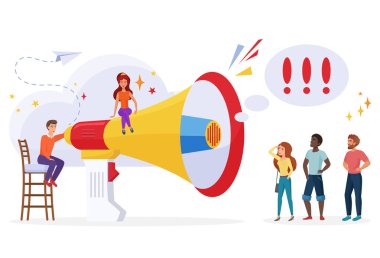 Halkla ilişkiler ve reklam konsepti. Duyuru, yayın konsepti. Pazarlama kampanyası düz vektör çizimi. Büyük hoparlör ve pazarlamacı karakter ekibi.