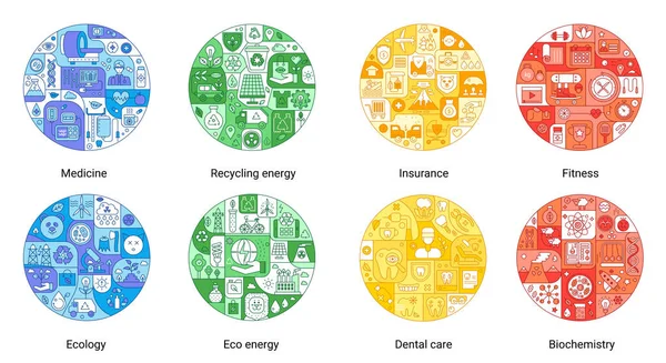 Kolor okrągły płaska linia koncepcja medycyny, recyklingu energii, ubezpieczenia, fitness, ekologii, eko energii, opieki dentystycznej, biochemii. Vintage wektorowe ikony na pokrycie, godło, odznaka, ulotki, plakaty. — Wektor stockowy