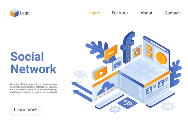 Red social landing page vector plantilla — Vector de stock