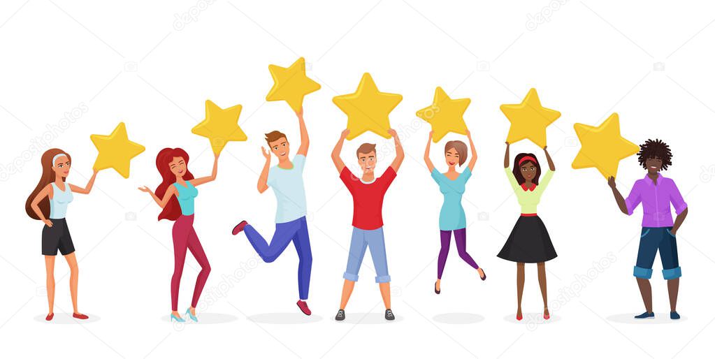 Customer reviews flat vector banner template. Happy users holding golden stars cartoon characters. Customers evaluating performance, services. Consumers positive feedback poster with text space.