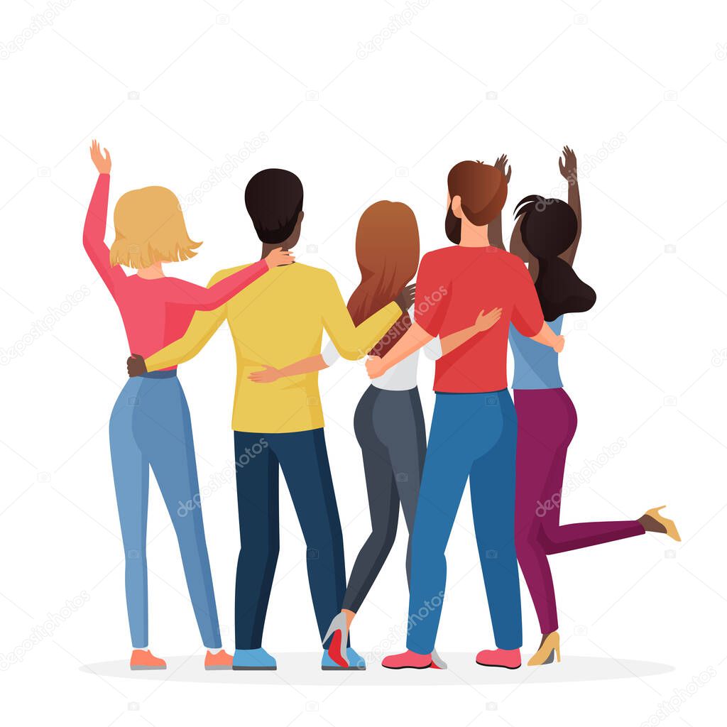 Diverse friend group of people hugging together, adolescent unity. Back view of man and woman friends standing together, embracing each other, waving hands vector illustration.
