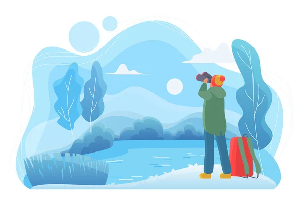 Man traveler with binoculars flat vector illustration. Nature lover cartoon character. Man looking at landscape in cold winter day. Wildlife observation, traveling. River, forest, lake. — Stock Vector