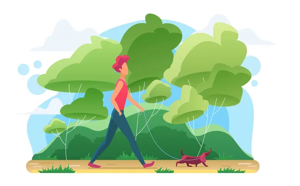 Jeune homme chien de promenade illustration vectorielle plate — Image vectorielle