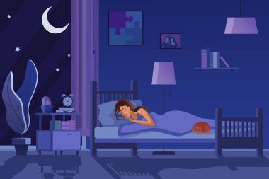 Young tired woman sleeping in bed covered with quilt. Student female sleep at night in dark bedroom interior cartoon flat vector illustration. clipart